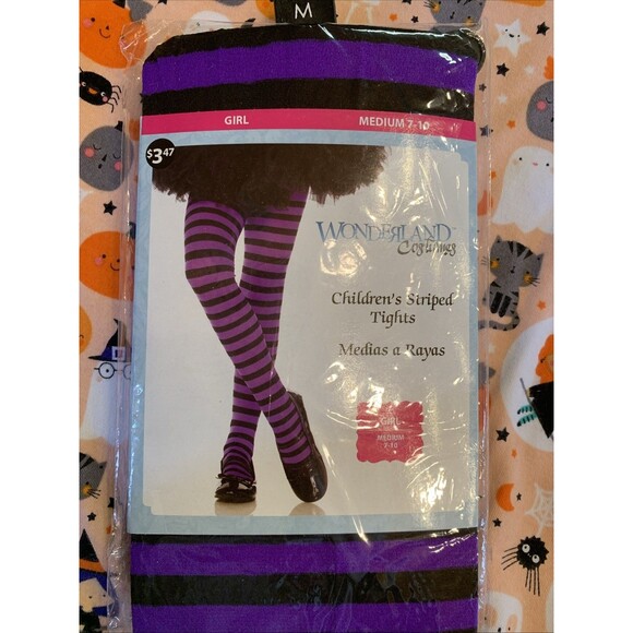 New!  Girl’s Medium 7/10 Halloween Shirt Dress & Striped Tights Adorable Bundle - Picture 7 of 9